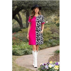 Half and Half Cow Print Dress Half Solid Fuschia - Half Cow Print Mini Dress